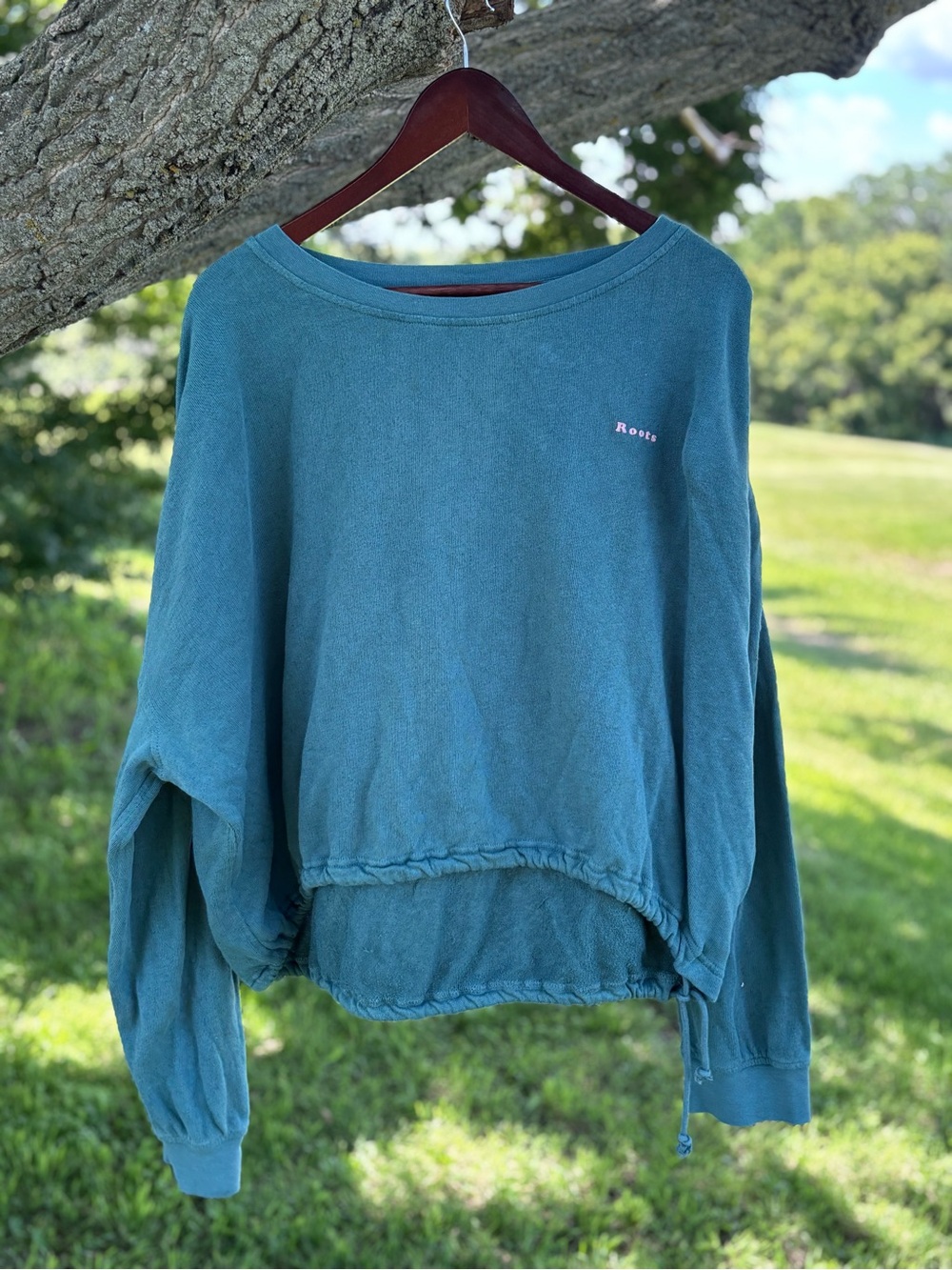 Roots Teal Off-Shoulder Pullover Sweatshirt